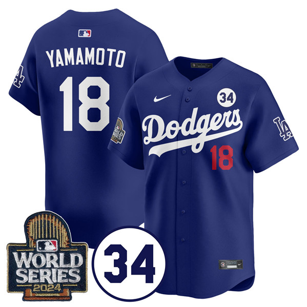 Los Angeles Dodgers #18 Yoshinobu Yamamoto Royal 2024 World Series With No. 34 Patch Cool Base Stitched Jersey - Click Image to Close